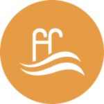 An orange circle with a white wave and the letter f on it.