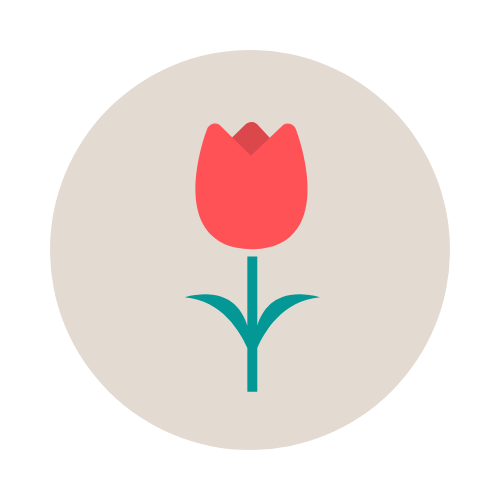 A red tulip with green leaves in a circle.