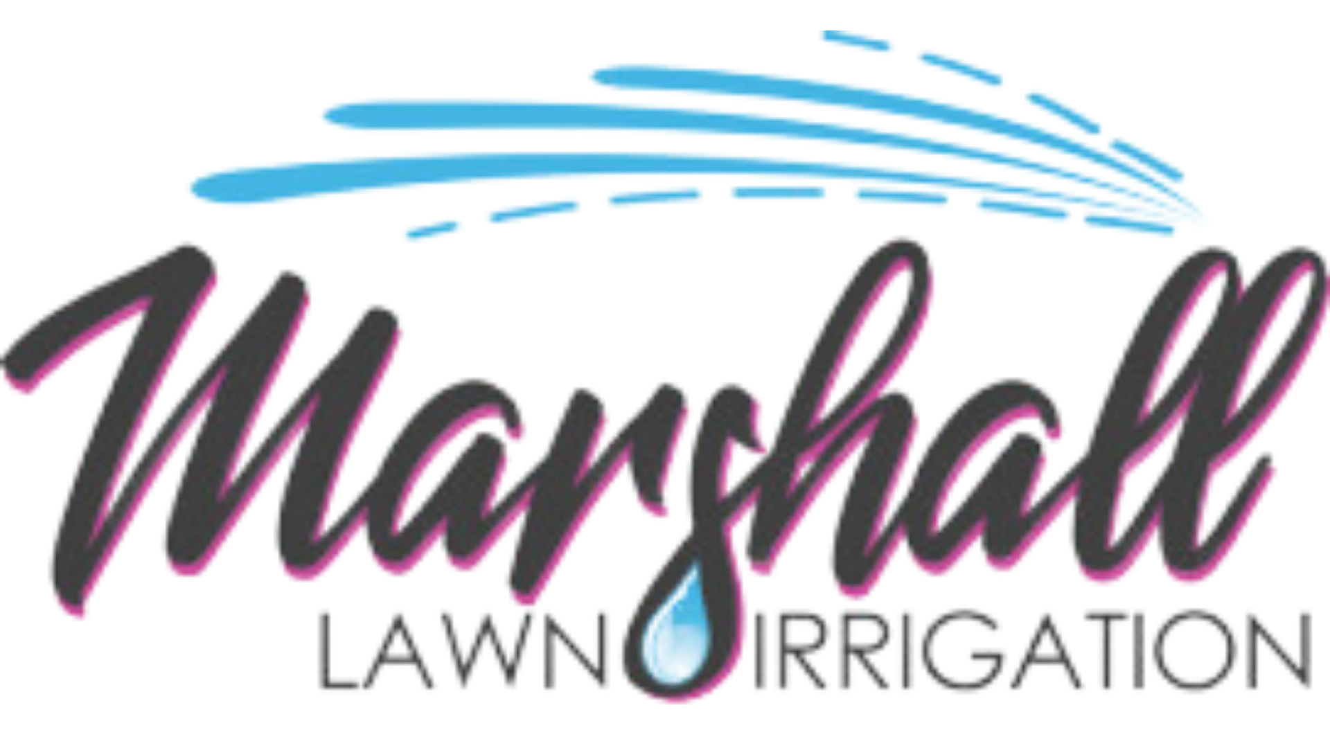 The logo for marshall lawn irrigation shows a spraying of water.