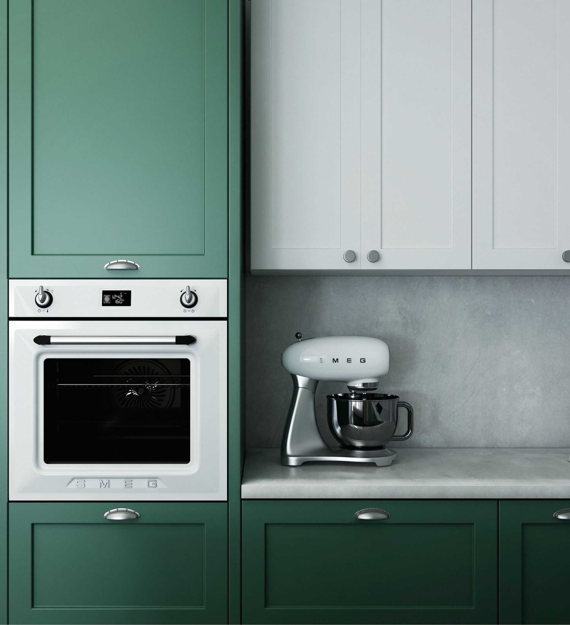 Green and white kitchen cabinets with a white oven and stand mixer on the countertop.
