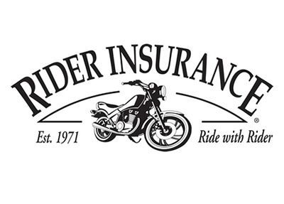 A black and white logo for rider insurance with a motorcycle on it.