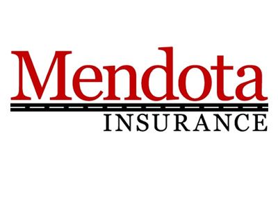 The logo for mendota insurance is red and black on a white background.