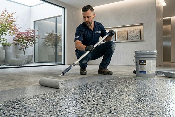 Worker applying epoxy coating to a terrazzo floor in a modern room