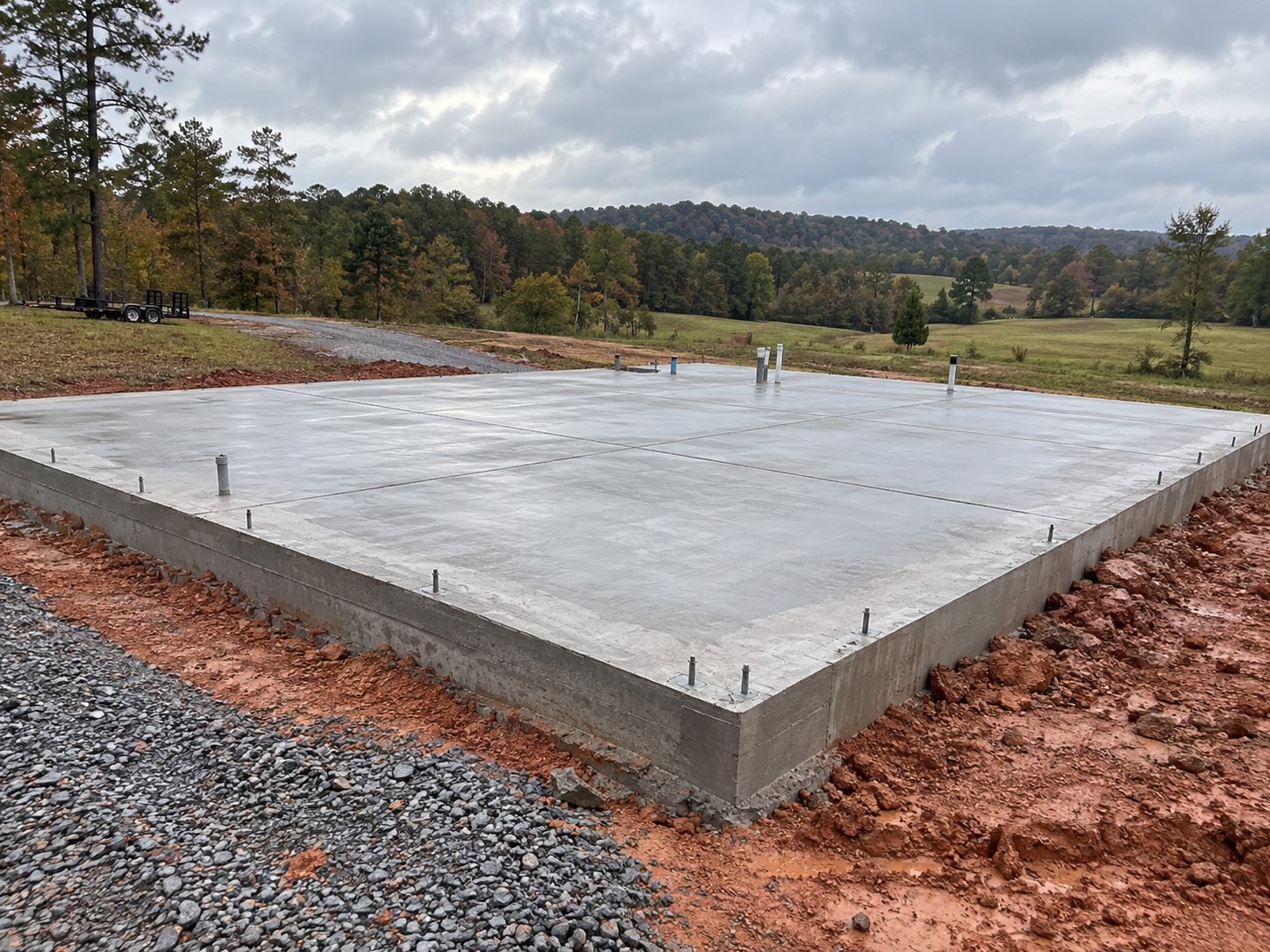 Freshly poured barndominium slab with thickened perimeter footing at a Central Arkansas build site
