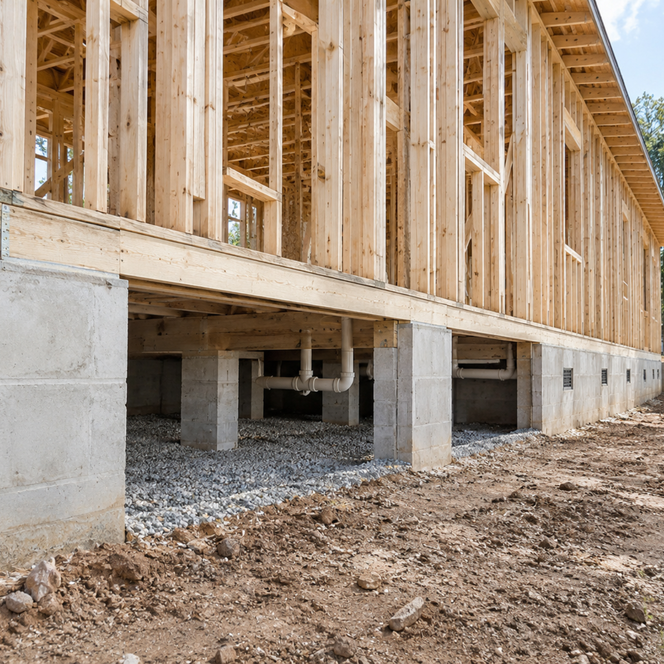 Concrete crawl space foundation wall with vapor barrier and ventilation on a residential build