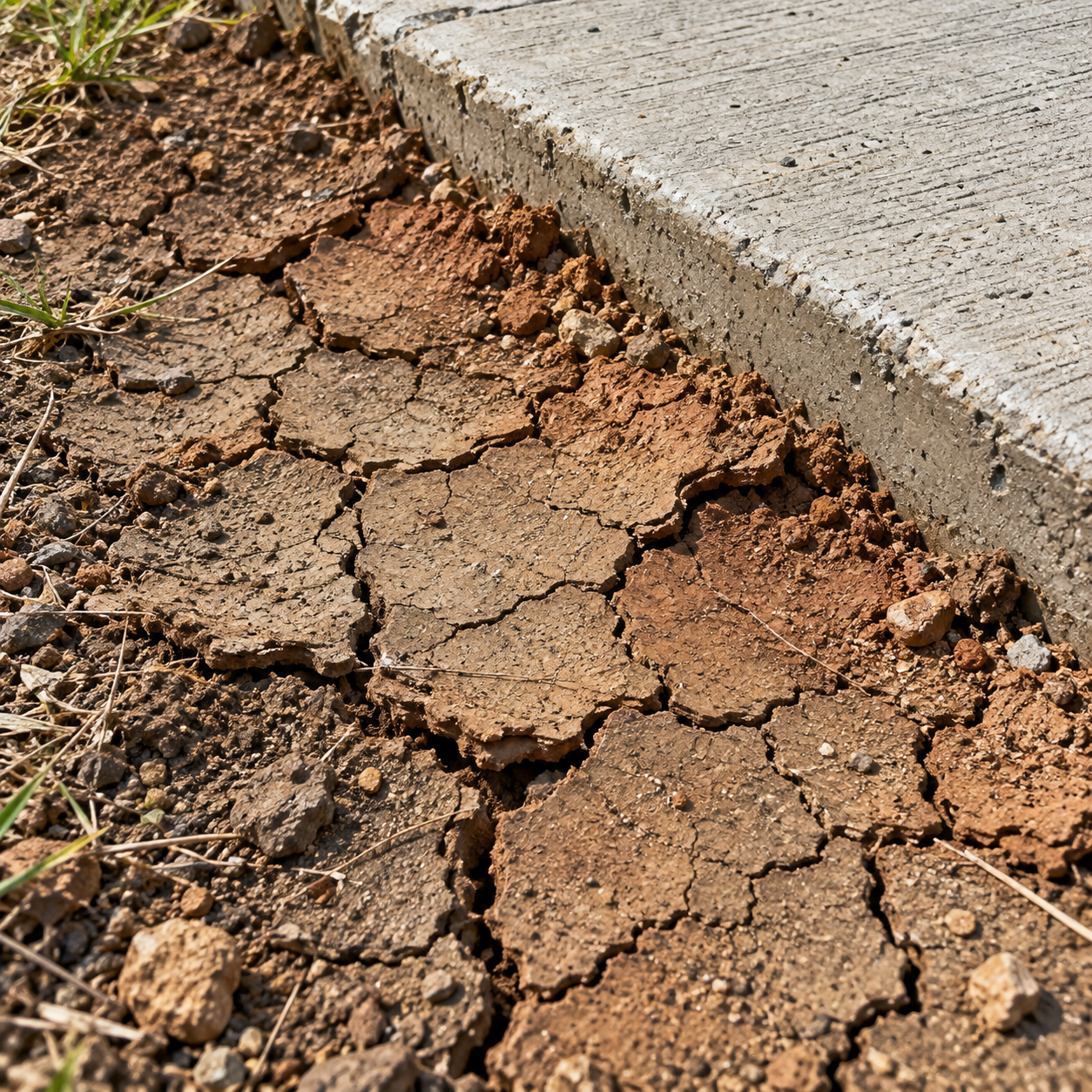 Dried, cracked expansive clay soil that stresses concrete slabs in the region