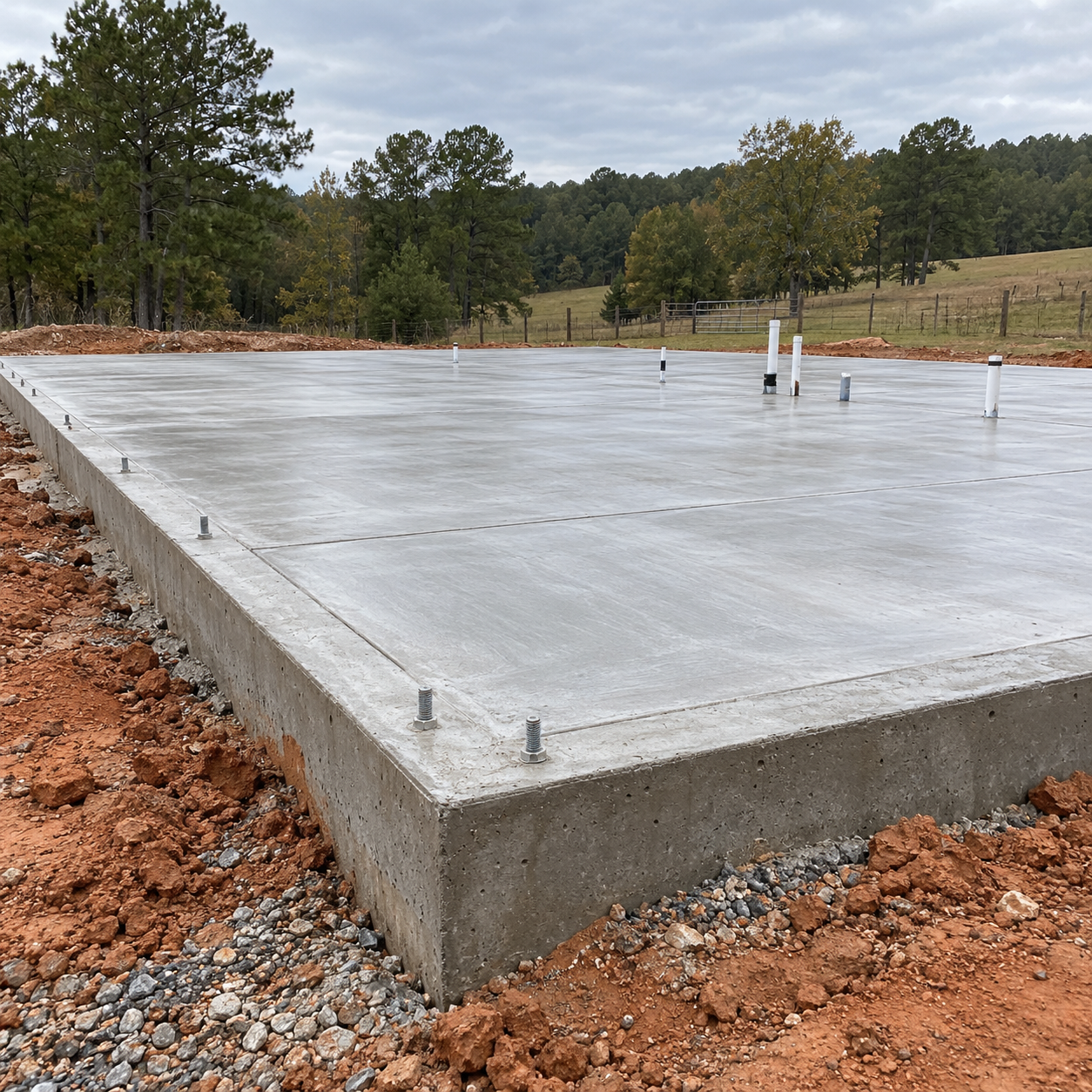 Freshly poured barndominium slab with thickened perimeter footing