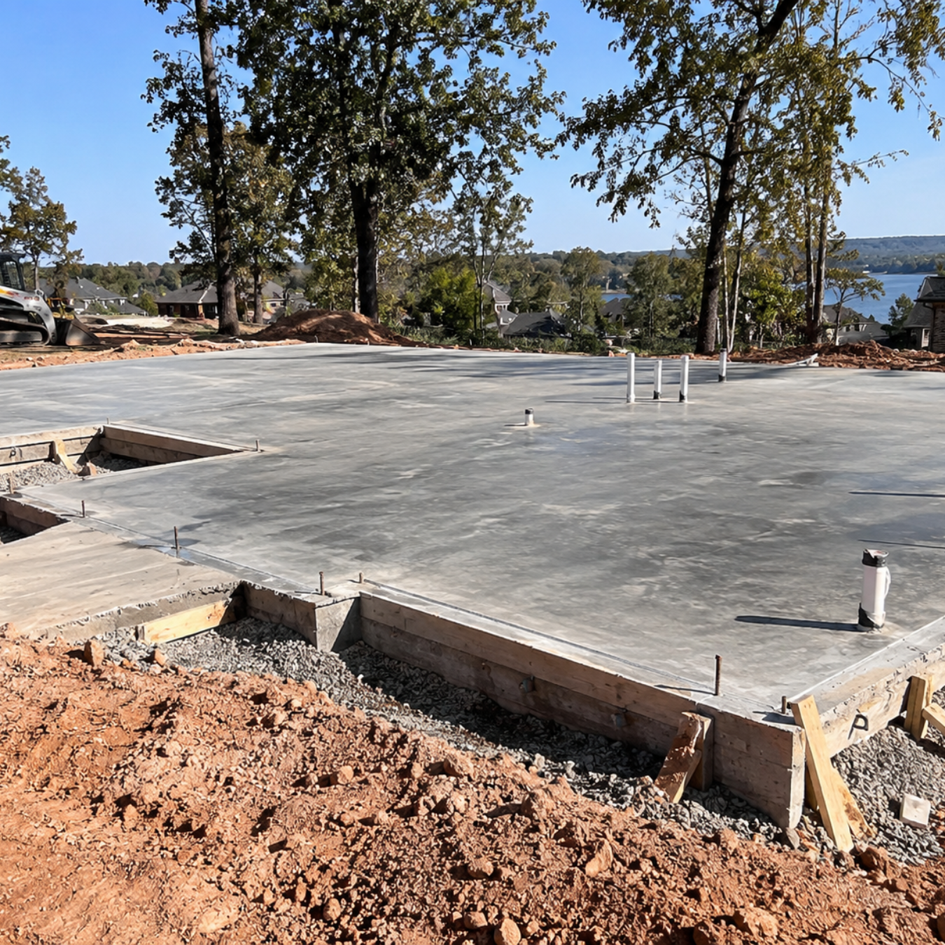 Monolithic slab-on-grade foundation poured with thickened edge footings at a Central Arkansas home site