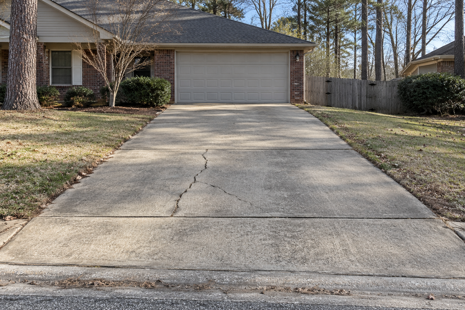 Cracked concrete driveway surface at a Central Arkansas home