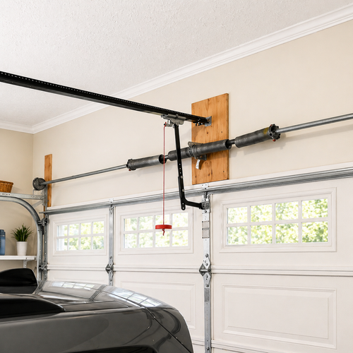 Garage ceiling with exposed rafters and a metal garage door spring mounted on a wooden beam