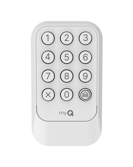 White myQ garage door keypad with numbered buttons and open/close controls