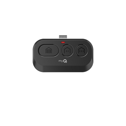 Black myQ garage door remote with three buttons and a red indicator light on a white background
