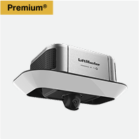 LiftMaster garage door opener, white and black, with a centered camera underneath