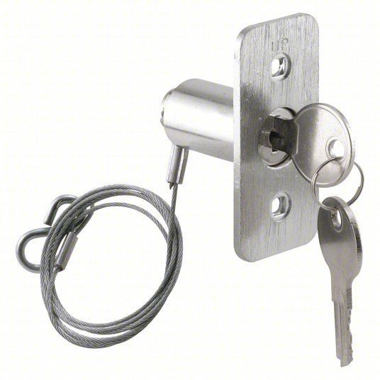 Silver door lock with key and coiled cable on a rectangular metal plate