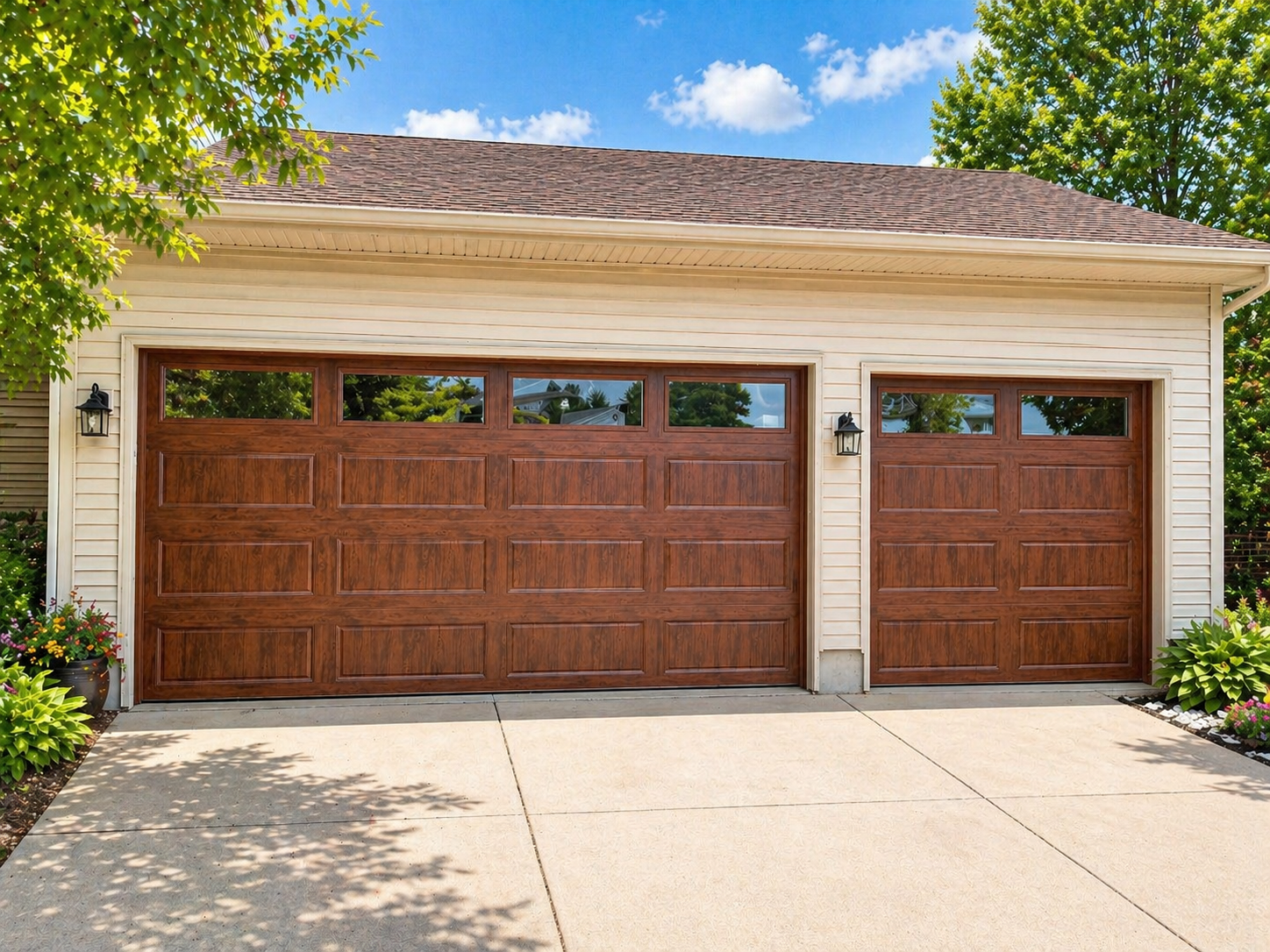 A white, four-panel garage door with decorative, sunburst-patterned top windows, set in a light-colored stone wall.