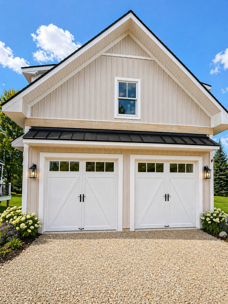 A light gray garage with two white, paneled garage doors under a dark gray shingled roof.