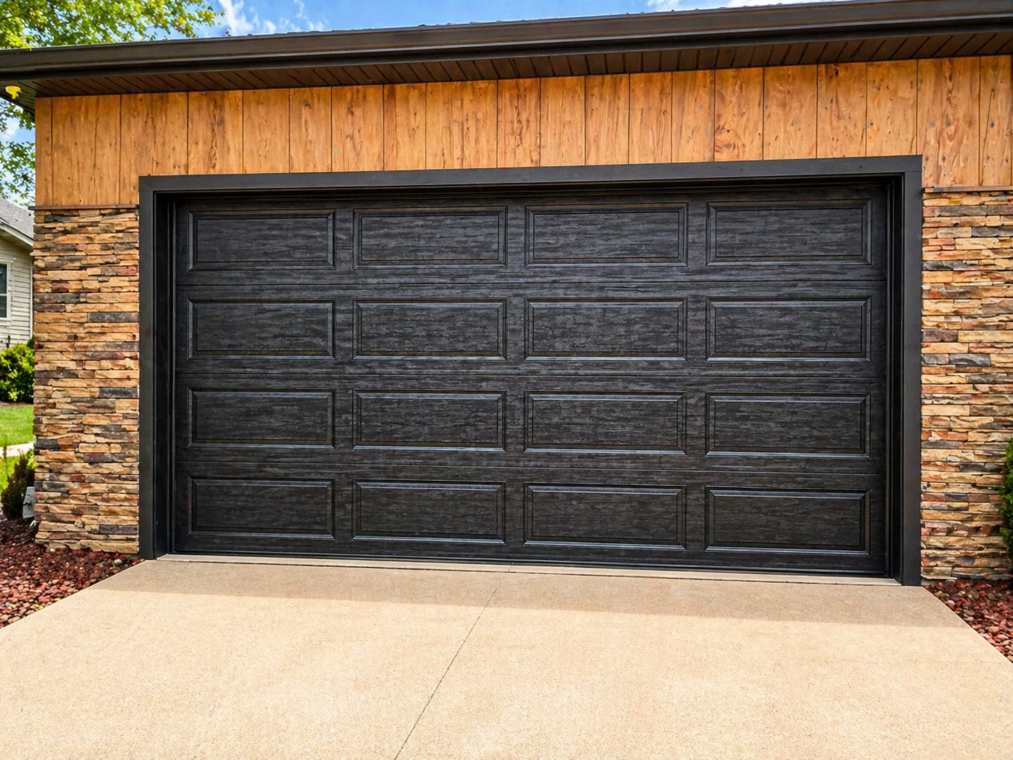 Two white, paneled double garage doors with small rectangular windows on a beige house with horizontal siding.