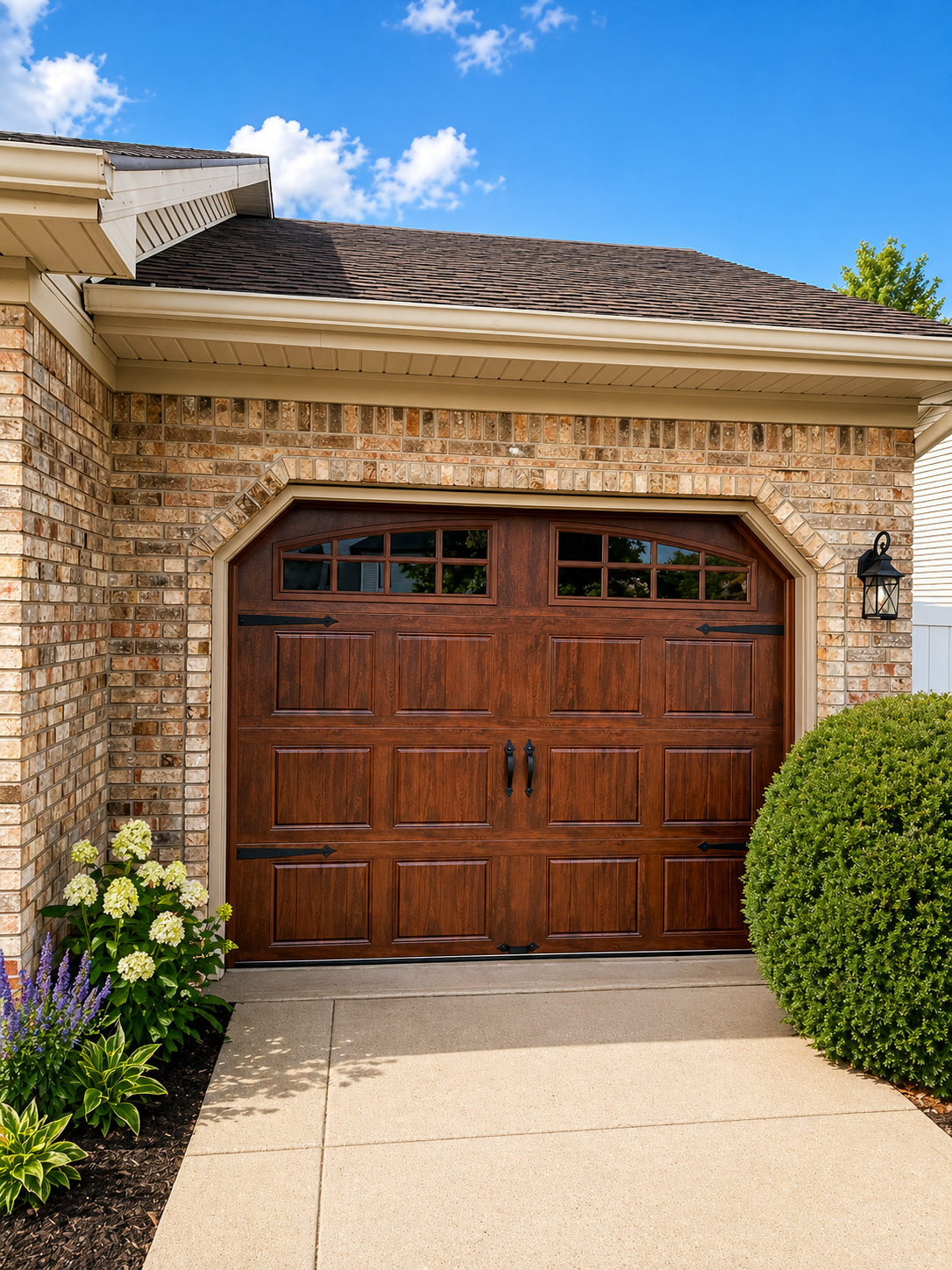 A two-car garage with white doors, gray siding, and a wooden shingle roof, set in front of a brick driveway and garden. A two-car garage with white doors, gray siding, and a wooden shingle roof, set in front of a brick driveway and garden.