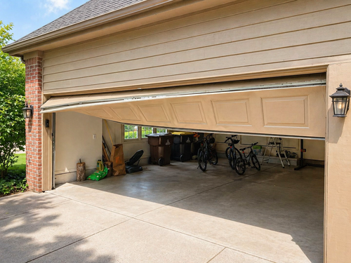 Damaged white garage door bent inward with a large tear in a brick house facade
