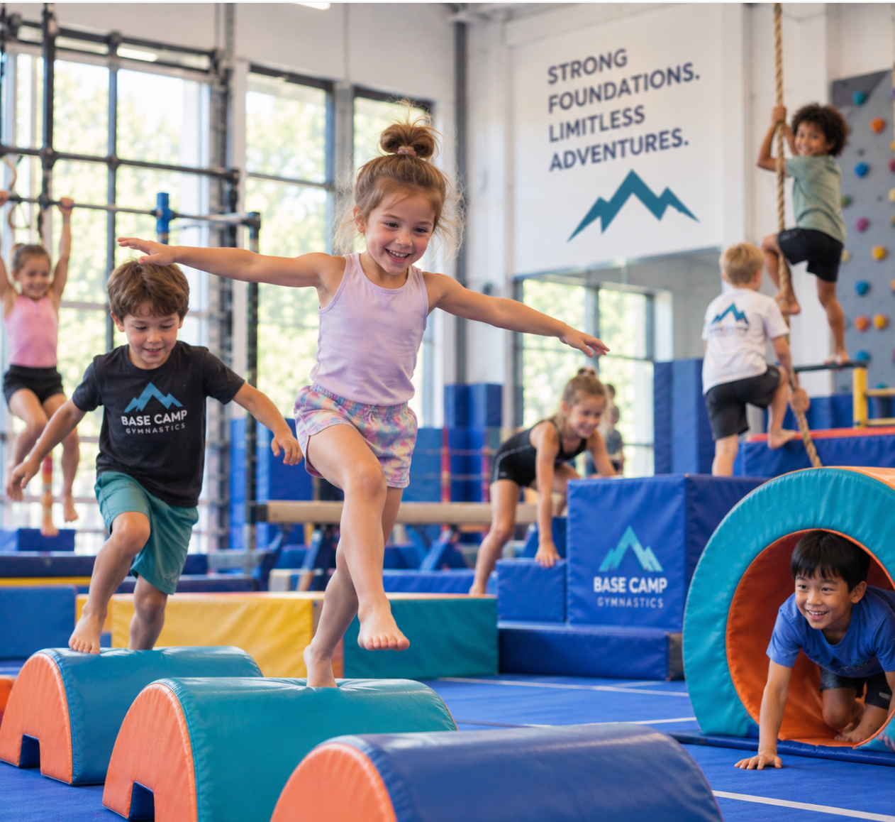 Children doing gymnastics on colorful foam obstacles in a bright indoor gym.