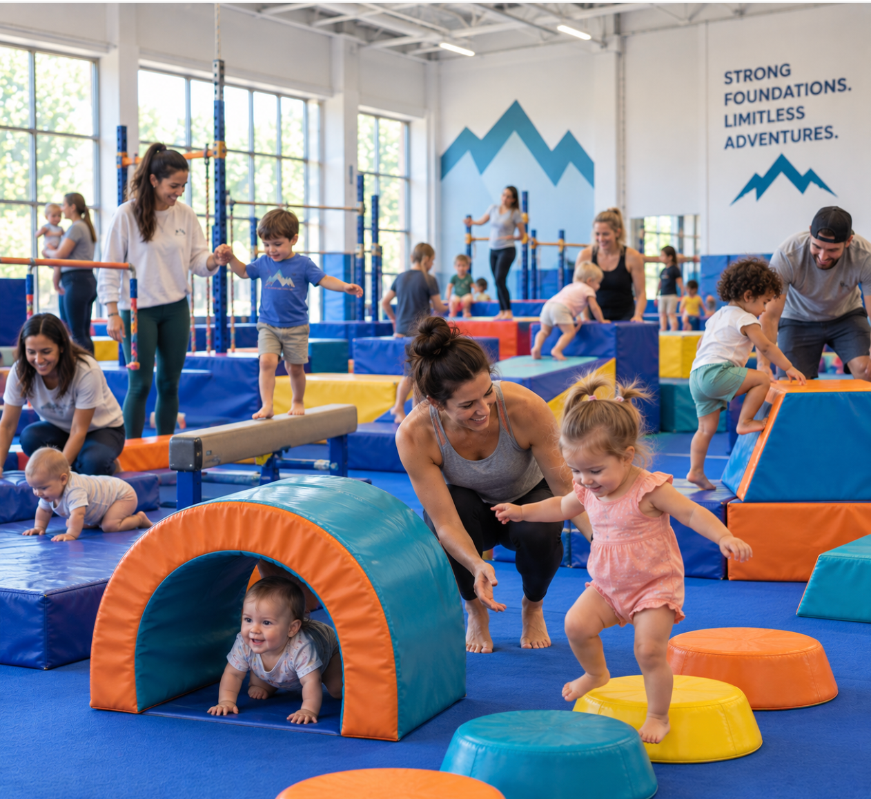 Children playing on colorful foam gym equipment in an indoor playroom with bright windows.