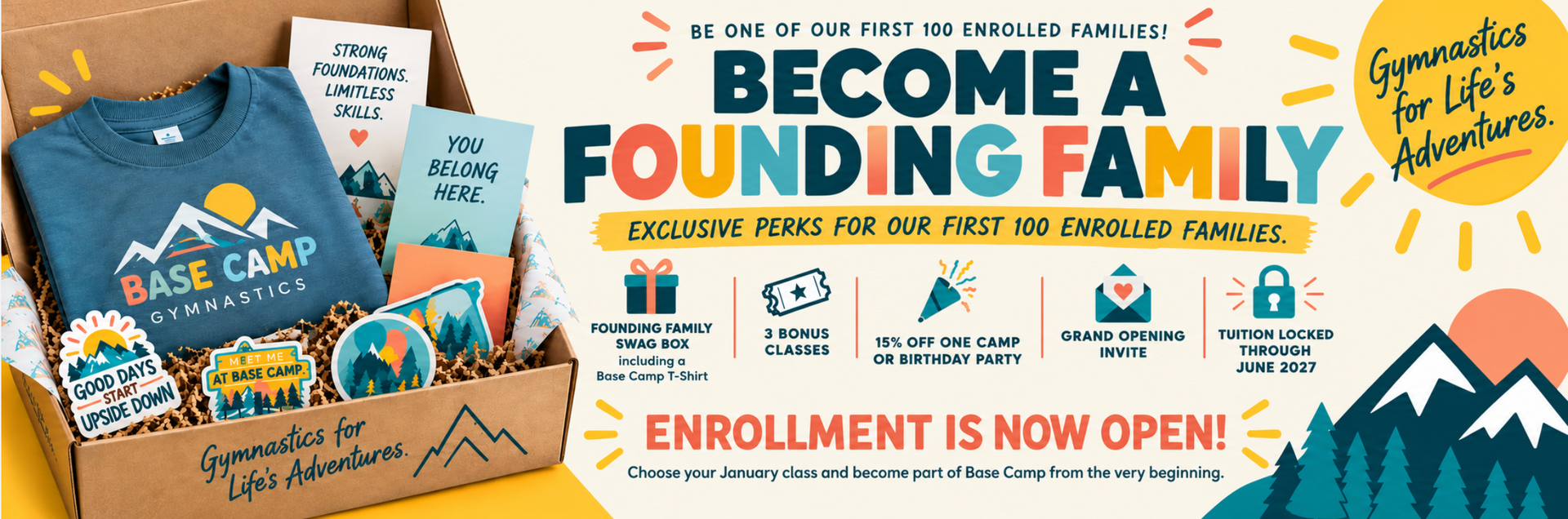 Promotional banner for Base Camp’s “Become a Founding Family” enrollment, with books, tote bag, and mountain graphics