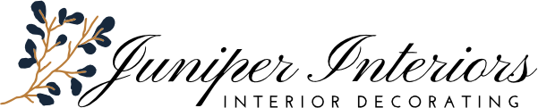 Juniper Interiors logo with dark blue text and fig branch graphic