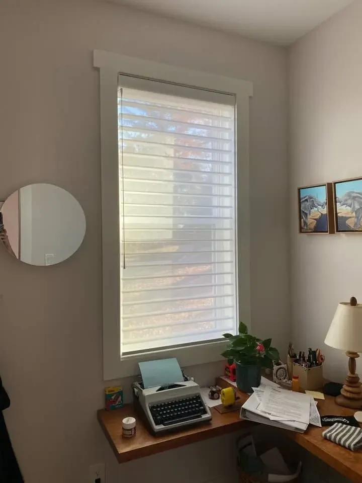 Home office desk under a window with blinds, typewriter, lamp, and small plants.
