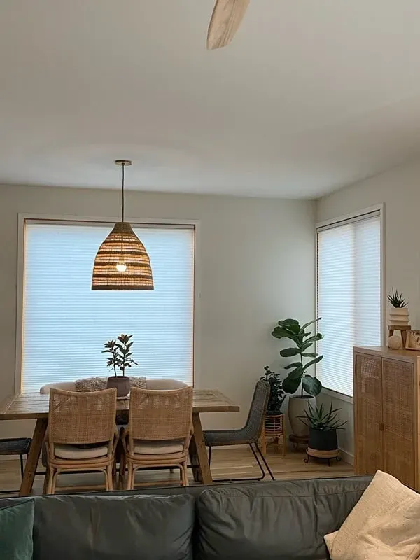 A bright dining area features a wood table with cane chairs, a woven pendant light, and several potted indoor plants.