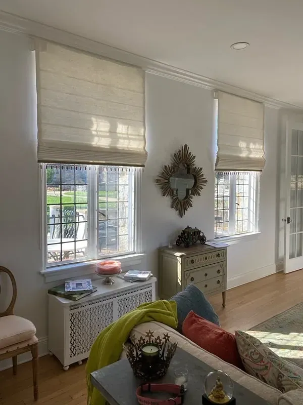 Living room featuring two windows with cream-colored roman shades, a radiator cover, a mirror, and a chest of drawers.