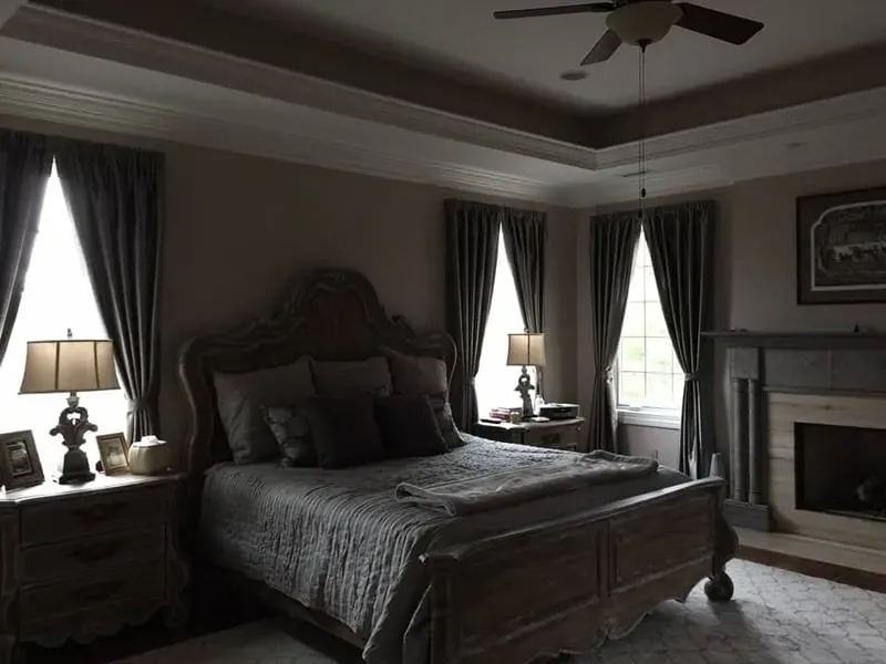Elegant bedroom with dark wood bed, lamps, curtains, and a fireplace