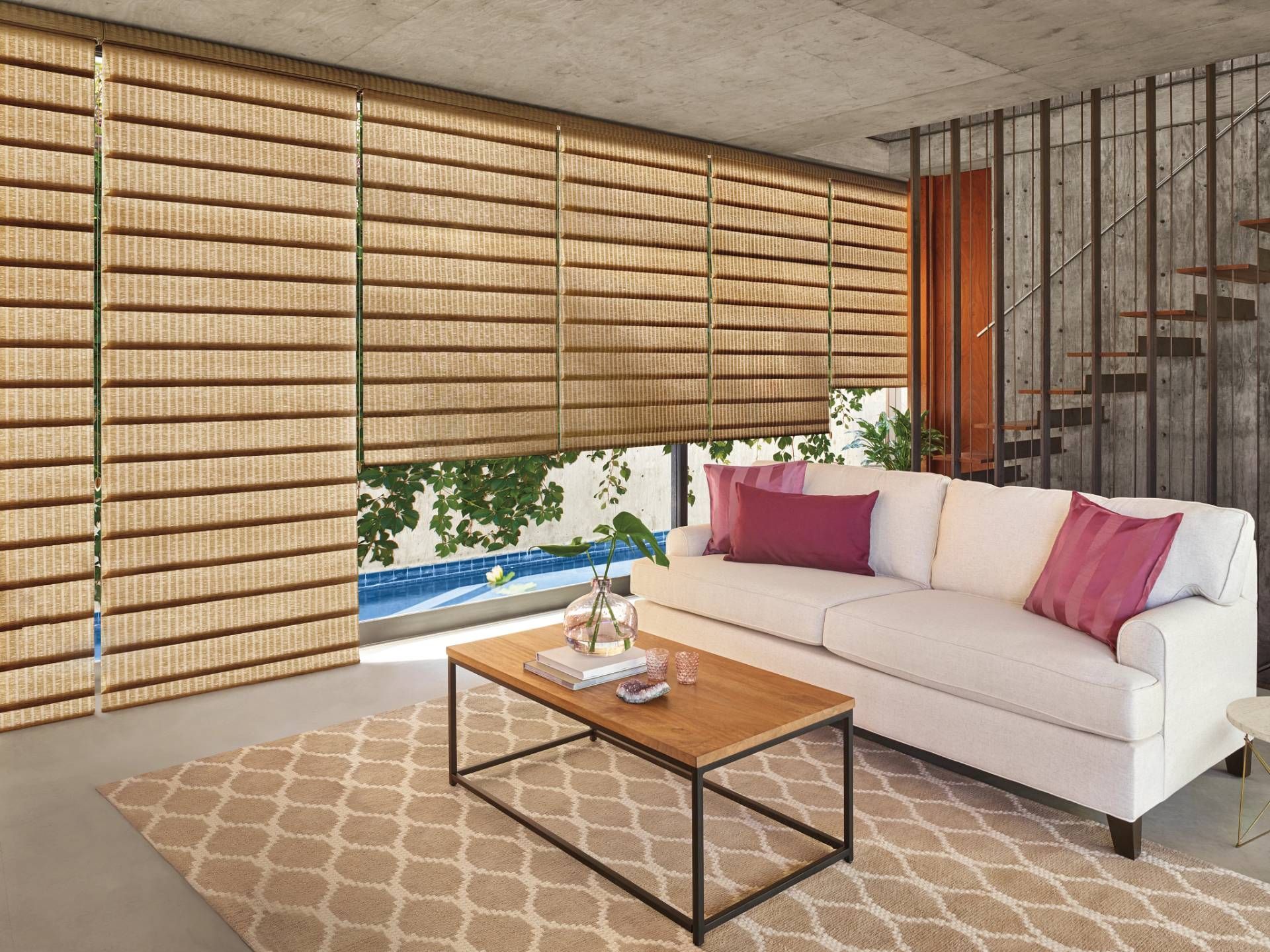 Hunter Douglas Roman shades in a living room near Fletcher, NC.