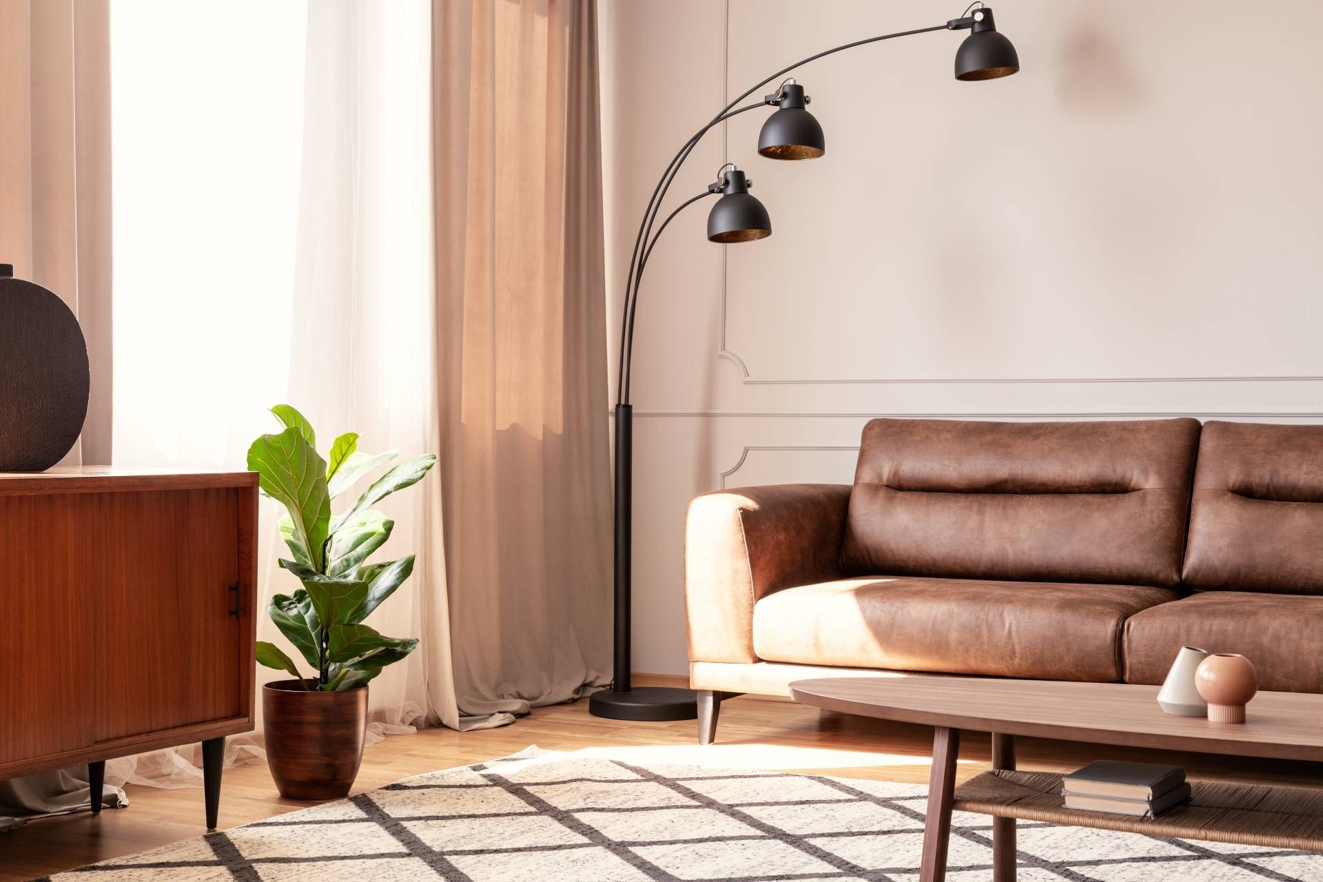 Mid century modern living room with retro furniture and custom drapery near Fletcher, NC