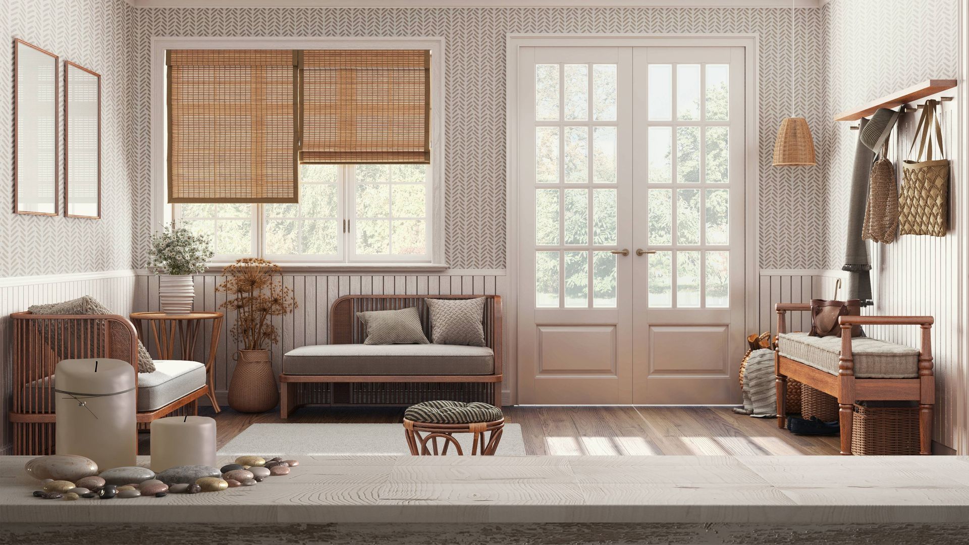 Living room featuring modern farmhouse design and custom shades
