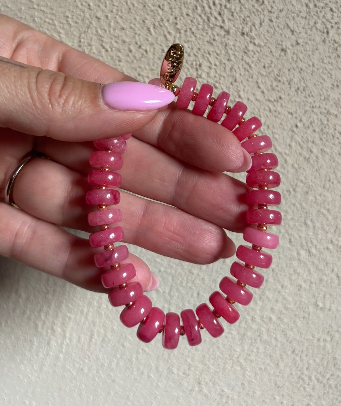 Armband halfedelsteen jade schijfjes roze