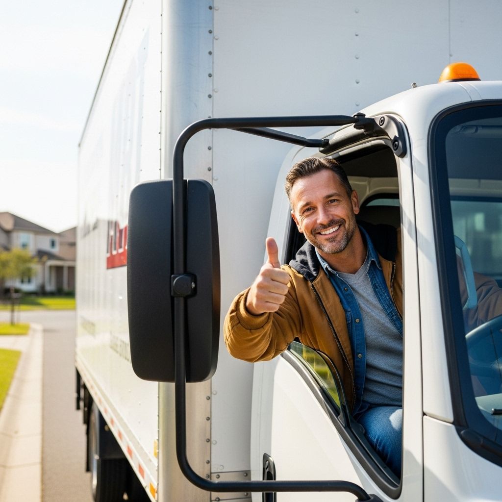 Smiling truck driver leaning out of white delivery truck window and giving a thumbs-up
