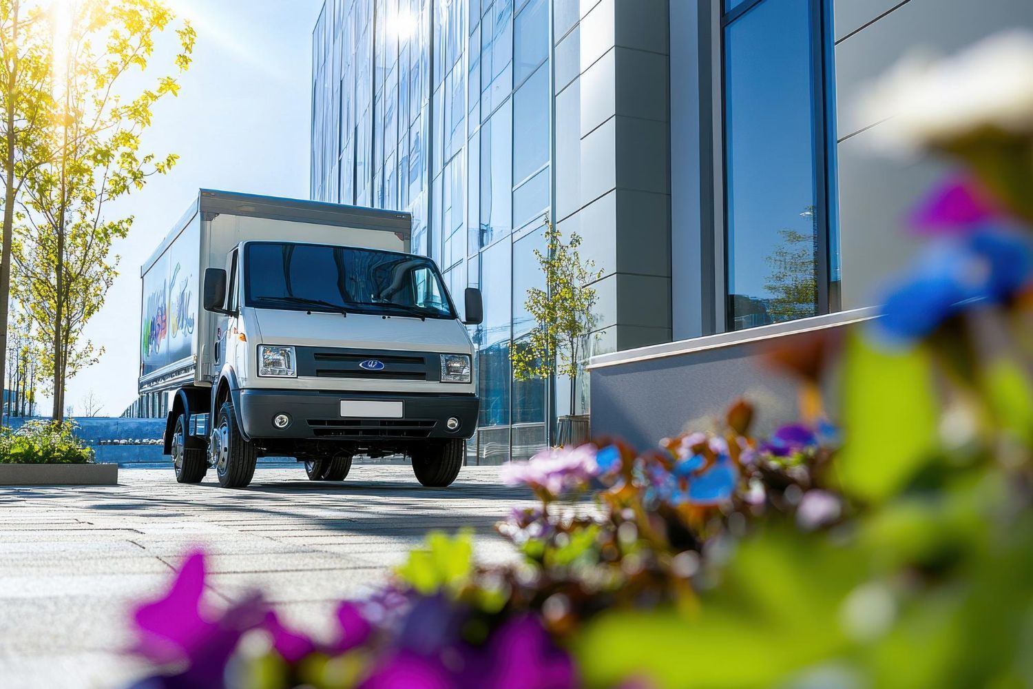 White truck parked beside a modern glass building with colorful flowers in the foreground