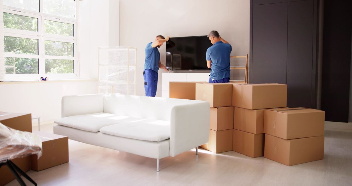 Two movers unloading boxes in a bright living room with a white sofa and TV stand