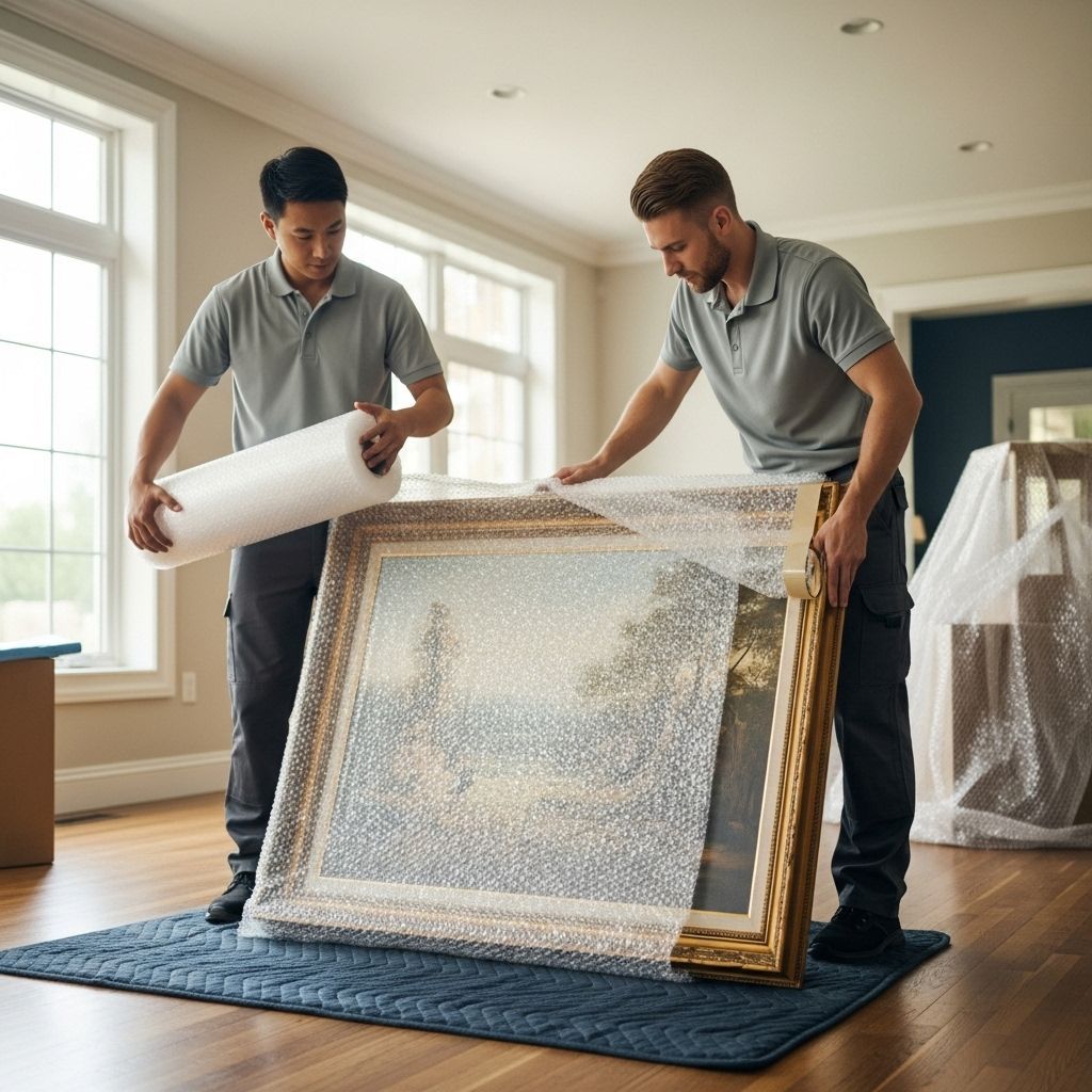 Two movers unwrapping a framed artwork in a bright living room