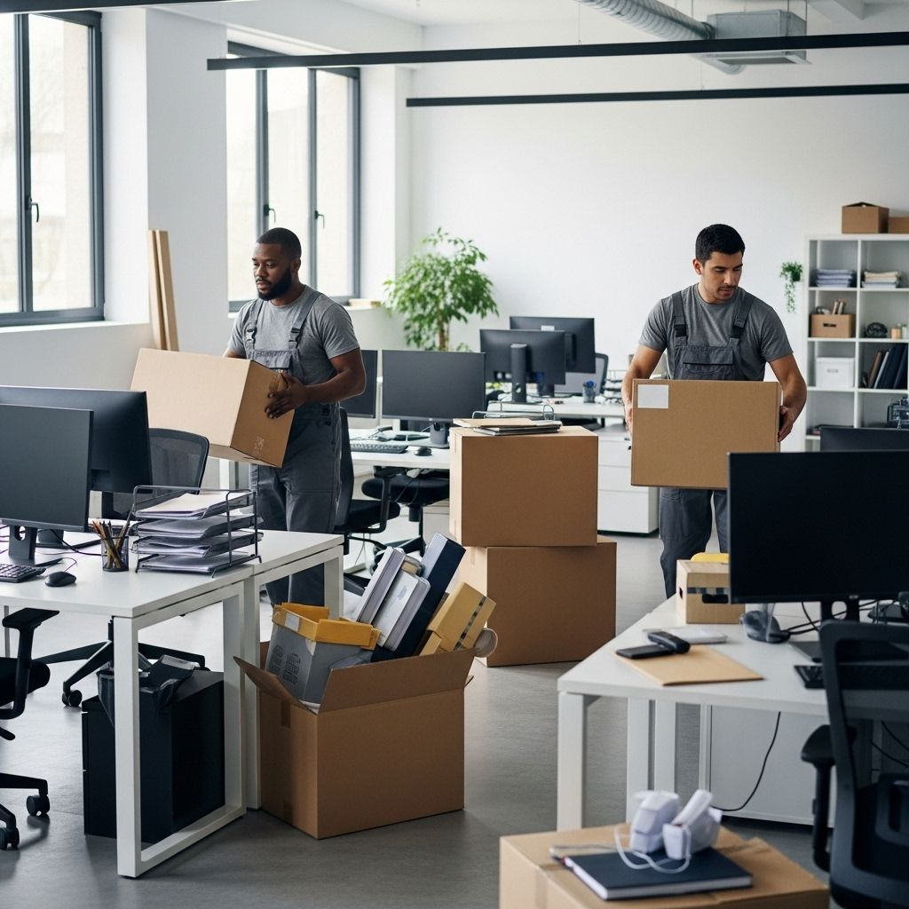 Two people packing cardboard boxes in a bright office with desks, monitors, and moving supplies.