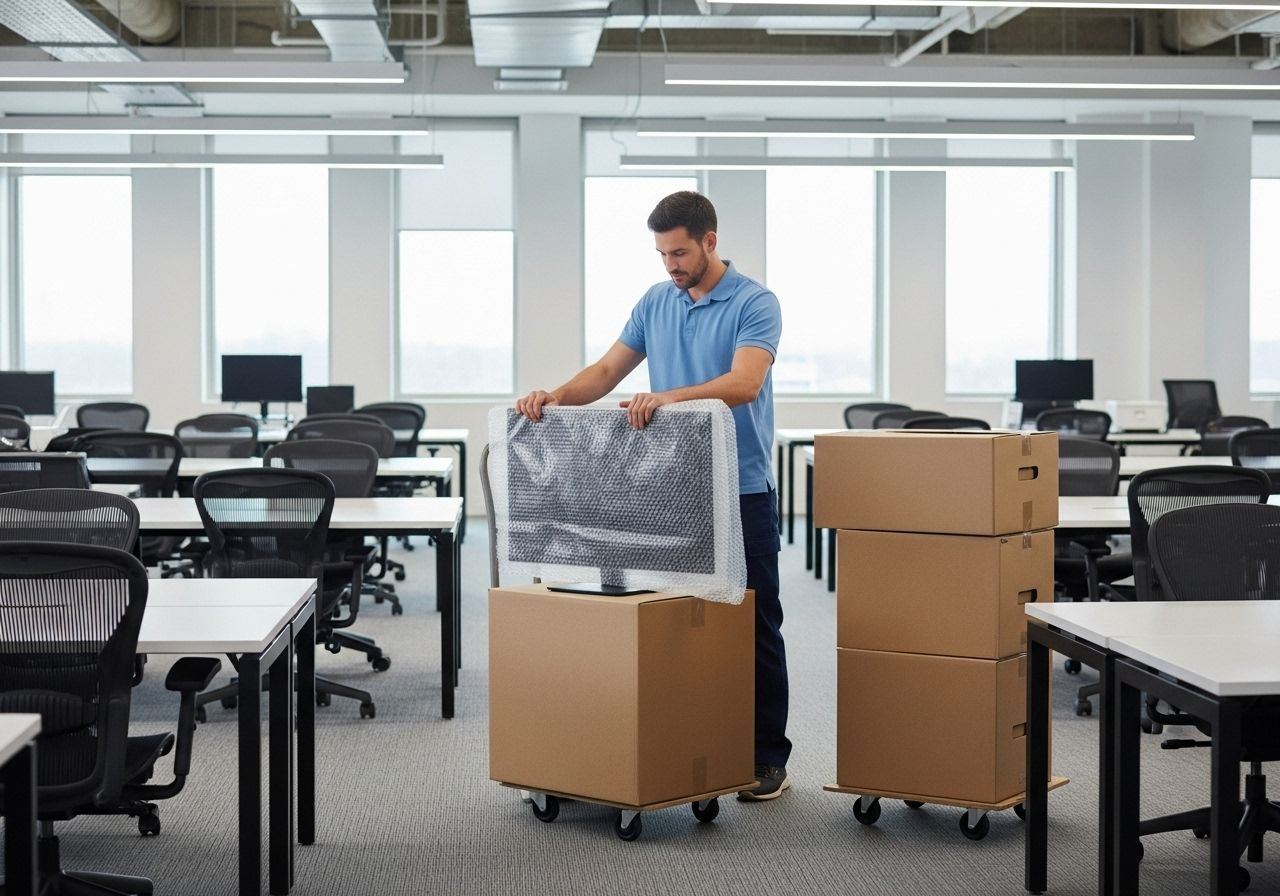 Man moving a wrapped office chair and boxes on a cart in a bright, empty classroom or office space