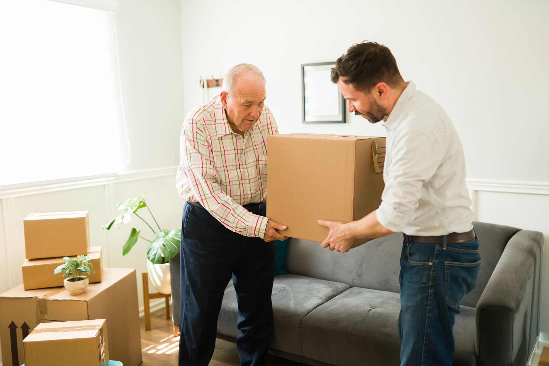 Two men carrying a cardboard box in a bright living room beside a couch and moving boxes