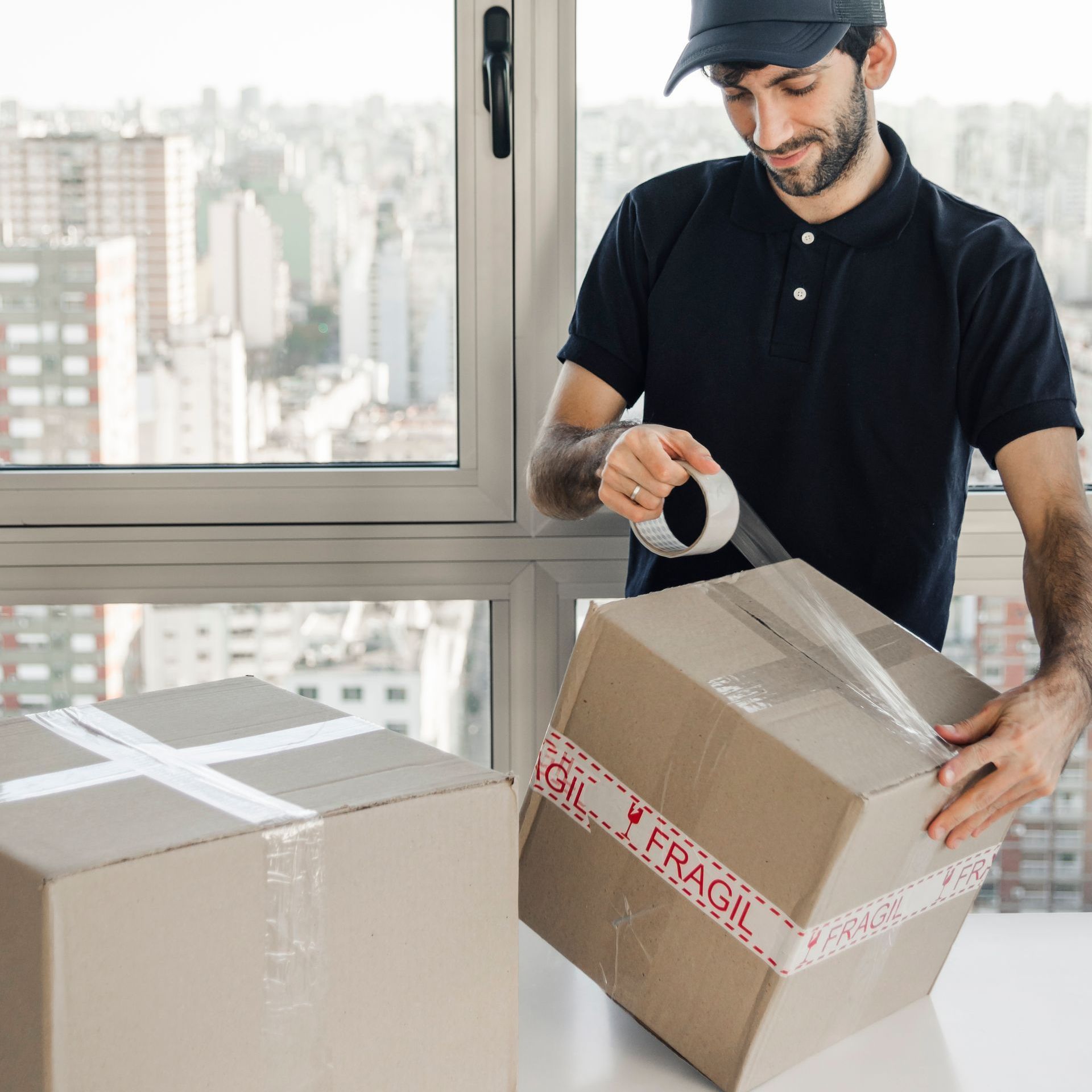 Man taping a cardboard box by a window, with another sealed box nearby.