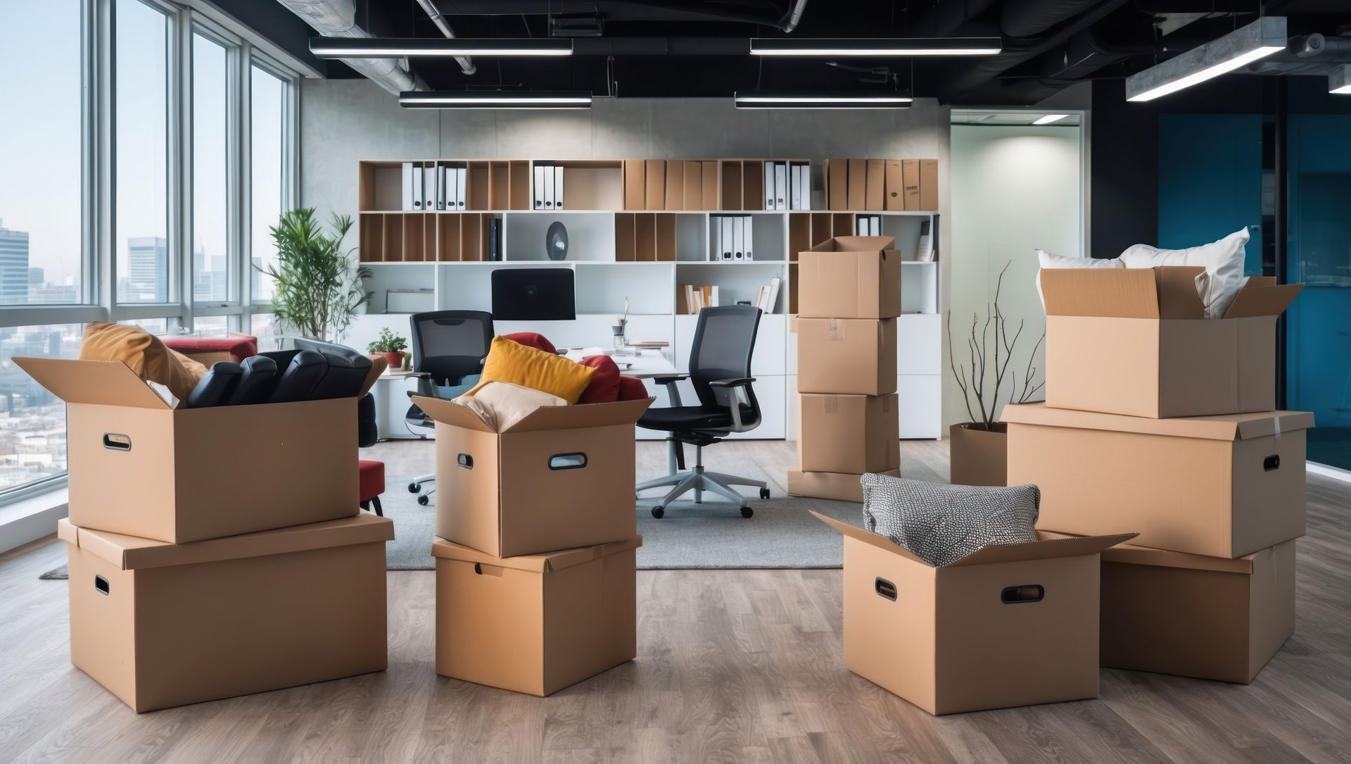 Boxes and packed belongings in a modern apartment, suggesting moving or unpacking.