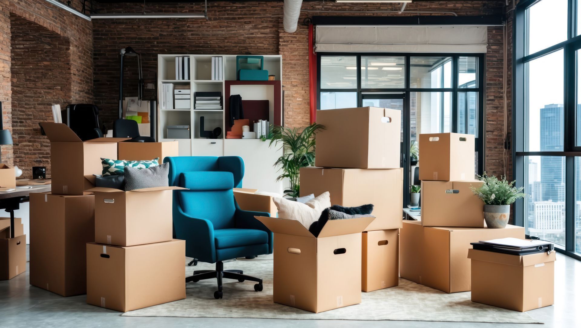 A cluttered loft office with stacked moving boxes, a blue chair, and brick walls near large windows.