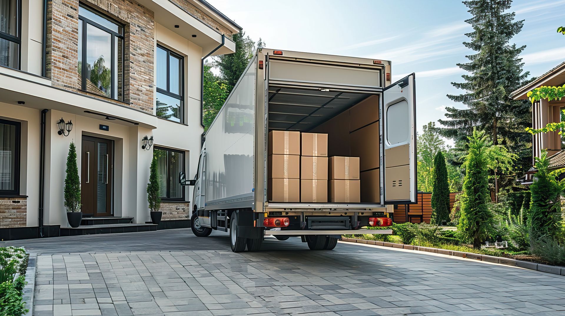Moving truck unloading boxes beside a house in a sunny driveway