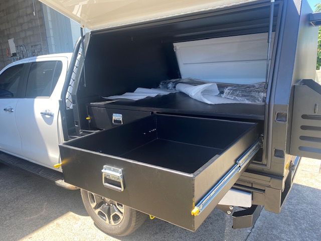 A White Truck With A Black Drawer In The Back Of It — Hunter Powder & Paints In Rutherford, NSW