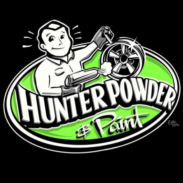 A Logo For Hunter Powder Paint With A Man Holding A Wheel — Hunter Powder & Paints In Rutherford, NSW