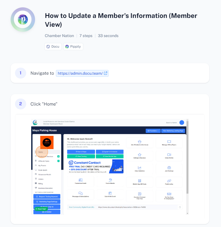 Instructions for updating member information. Step 2: Click 'Home' with screenshot of a webpage.