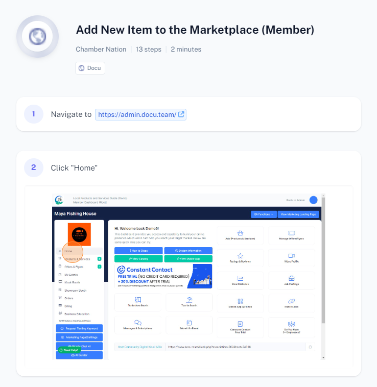 Adding a new item to the marketplace:  Step 1: Navigating to a website. Step 2: Clicking the 